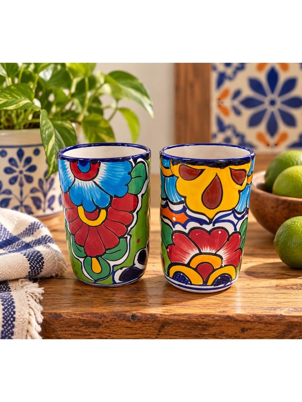 Mexican Talavera Style Hand Painted Pottery Tumblers Cups Lead Free Set of 2